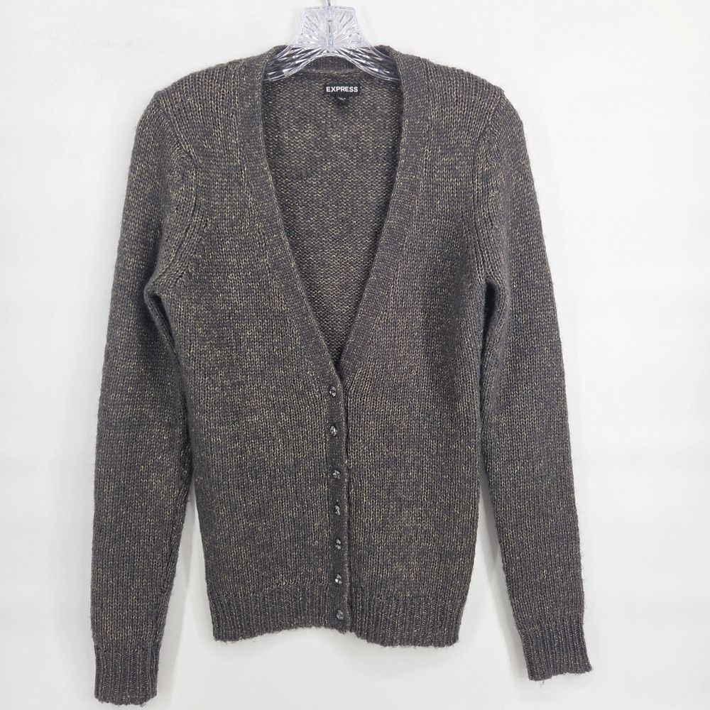 Express Cardigan Sweater S Gray Gold Metallic Wool Blend Dark Academia Boho
